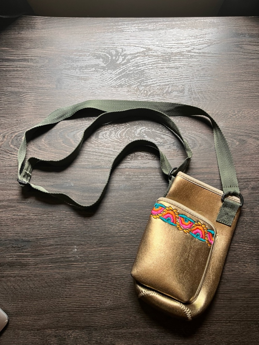 Metallic Gold Crossbody Phone Pouch/Water Bottle Holder with Embroidered Trim